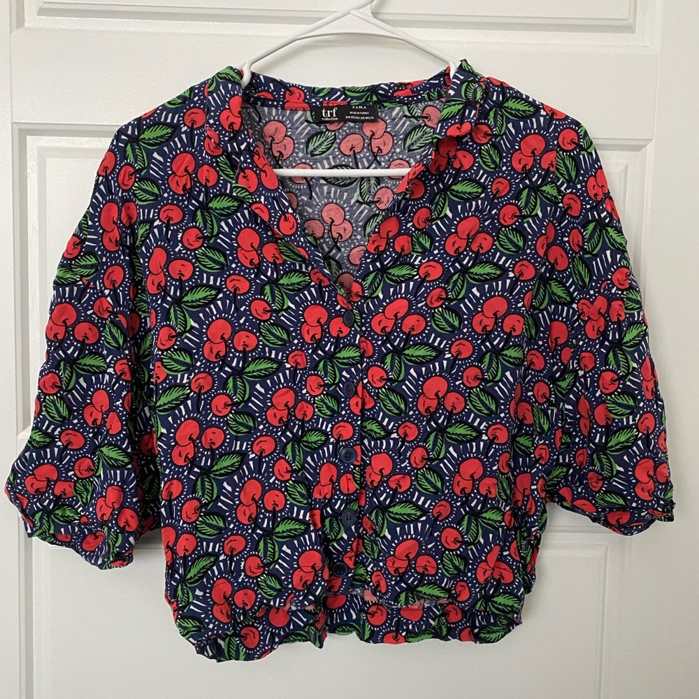 ZARA relaxed fit CHERRY short sleeve button up blouse